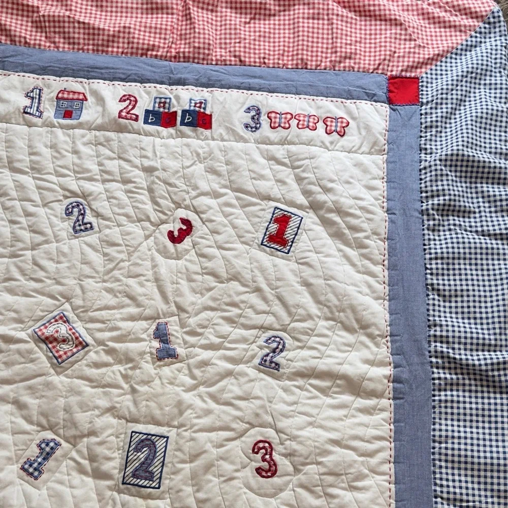 Marks & Spencer Baby Quilt Gingham Patchwork Embroidered Numbers Blue Red 46x38